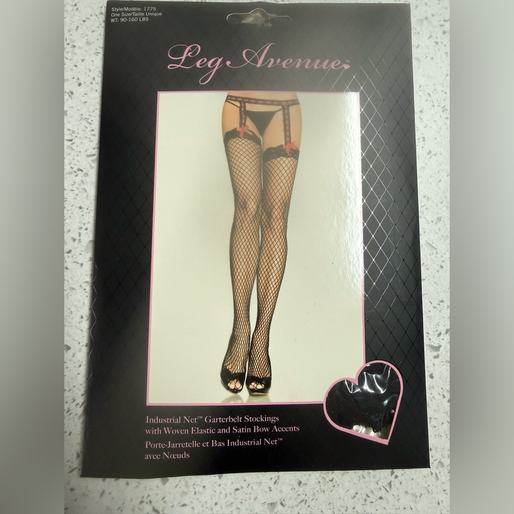 Leg Avenue Black Fishnet Garter Belt Stockings with Pink Bows